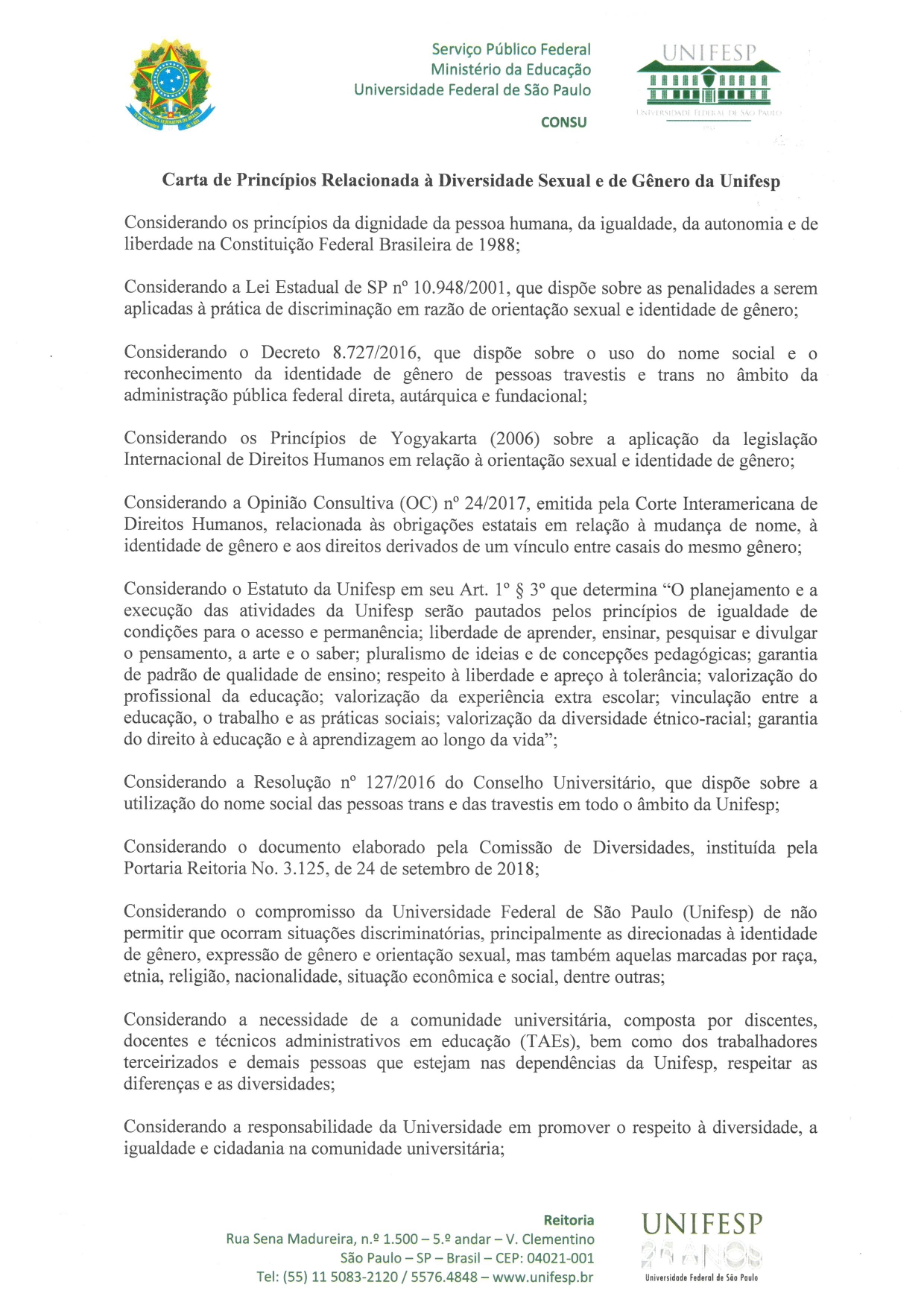 Carta de Princípios Relacionada à Diversidade Sexual e de Gênero da Unifesp page 0001